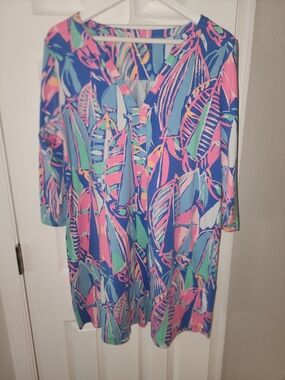 Lilly Pulitzer Blue & Pink Tropical Leaf V-Neck Dress